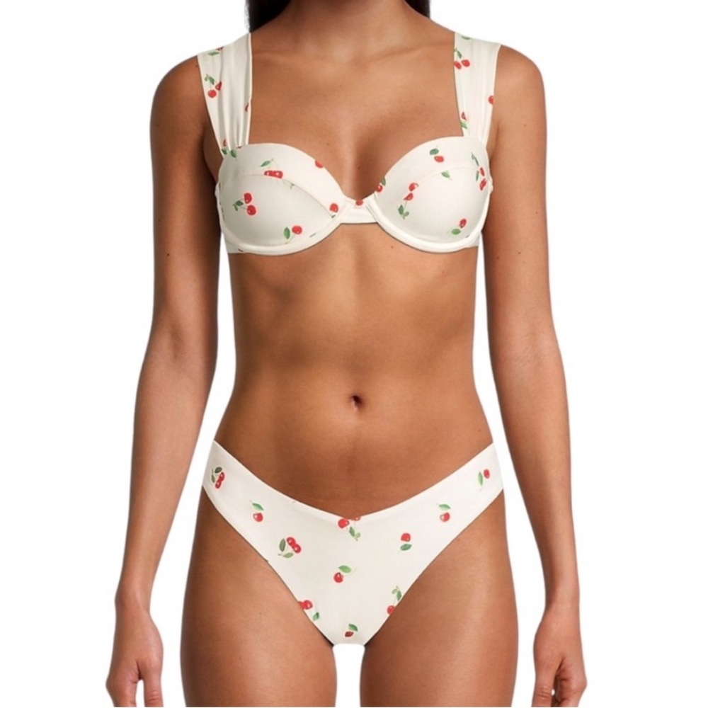 New WEWOREWHAT '90s Collection Claudia Cherry Print Bikini Set Cream Red Sz L
